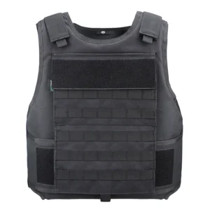 Front view of black molle tactical vest with webbing rows and patch panels