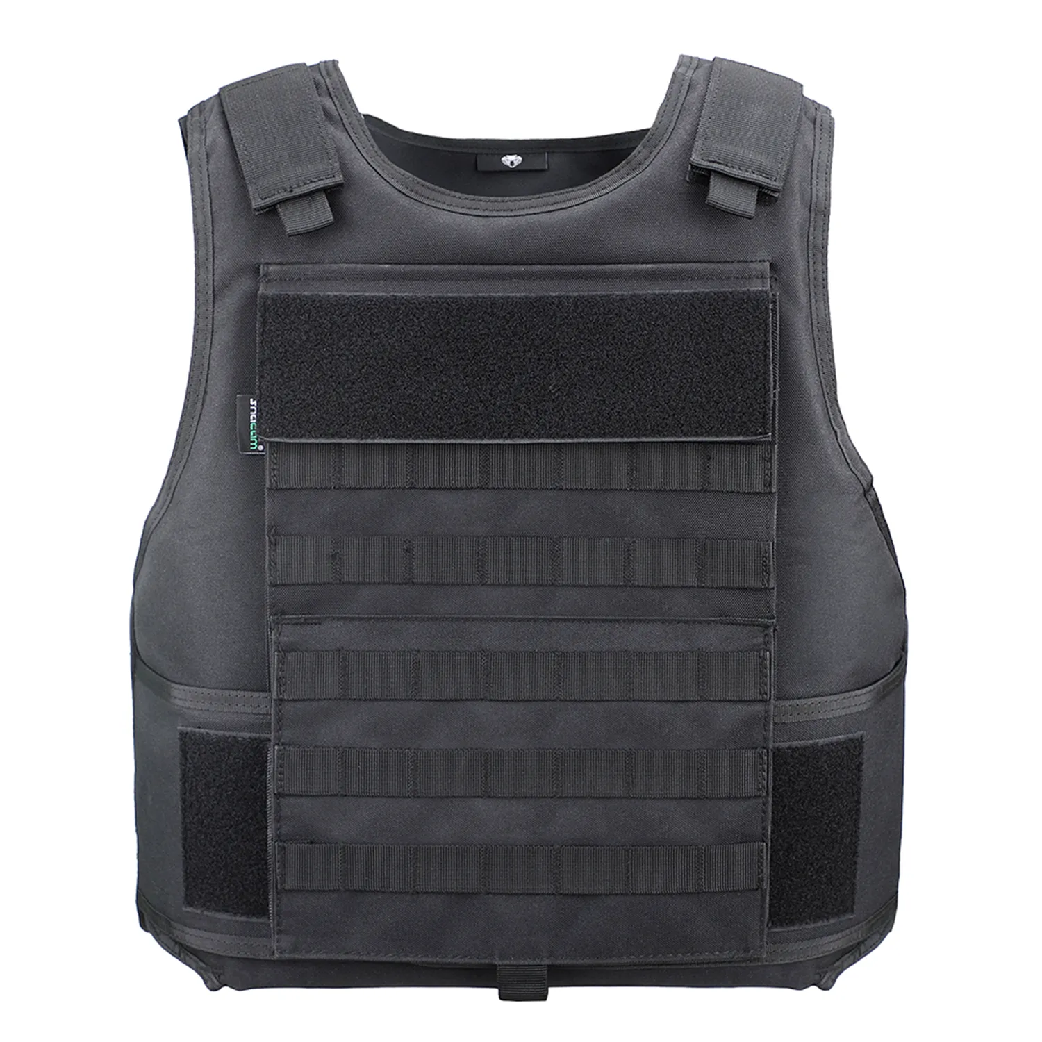Front view of black molle tactical vest with webbing rows and patch panels
