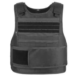 Front view of black tactical vest with hook-and-loop panels and webbing rows