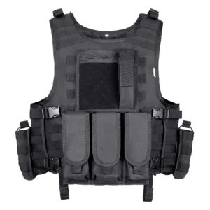 Front view of modular tactical vest with detachable pouches and side pockets