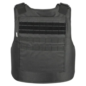 Black tactical vest back panel with MOLLE webbing and hook-and-loop rows