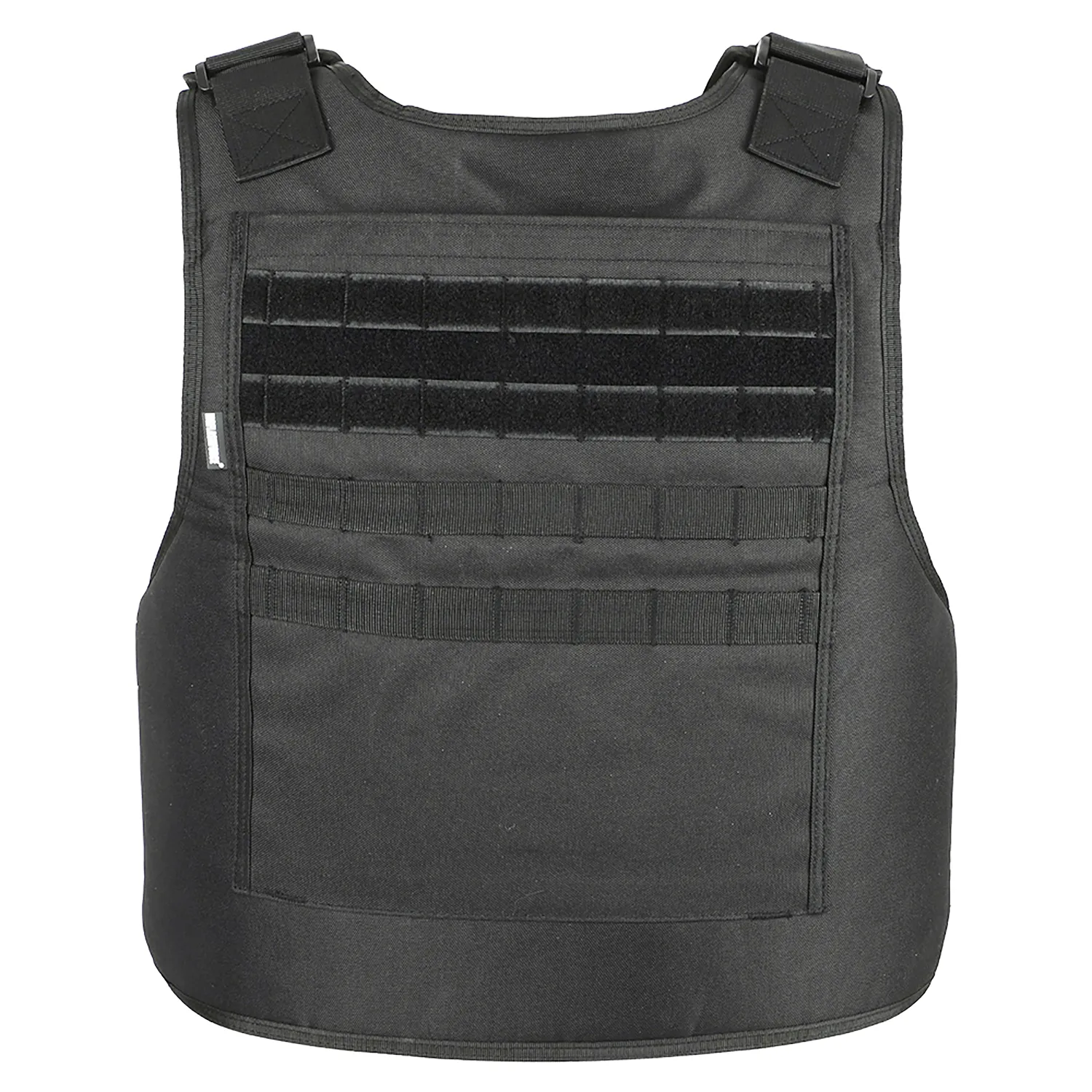 Black tactical vest back panel with MOLLE webbing and hook-and-loop rows