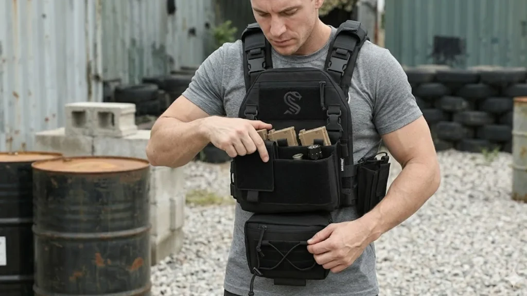 Front placard mounted on black tactical vest during outdoor gear setup