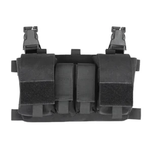 Black tactical vest accessory with front pouches and buckle attachment