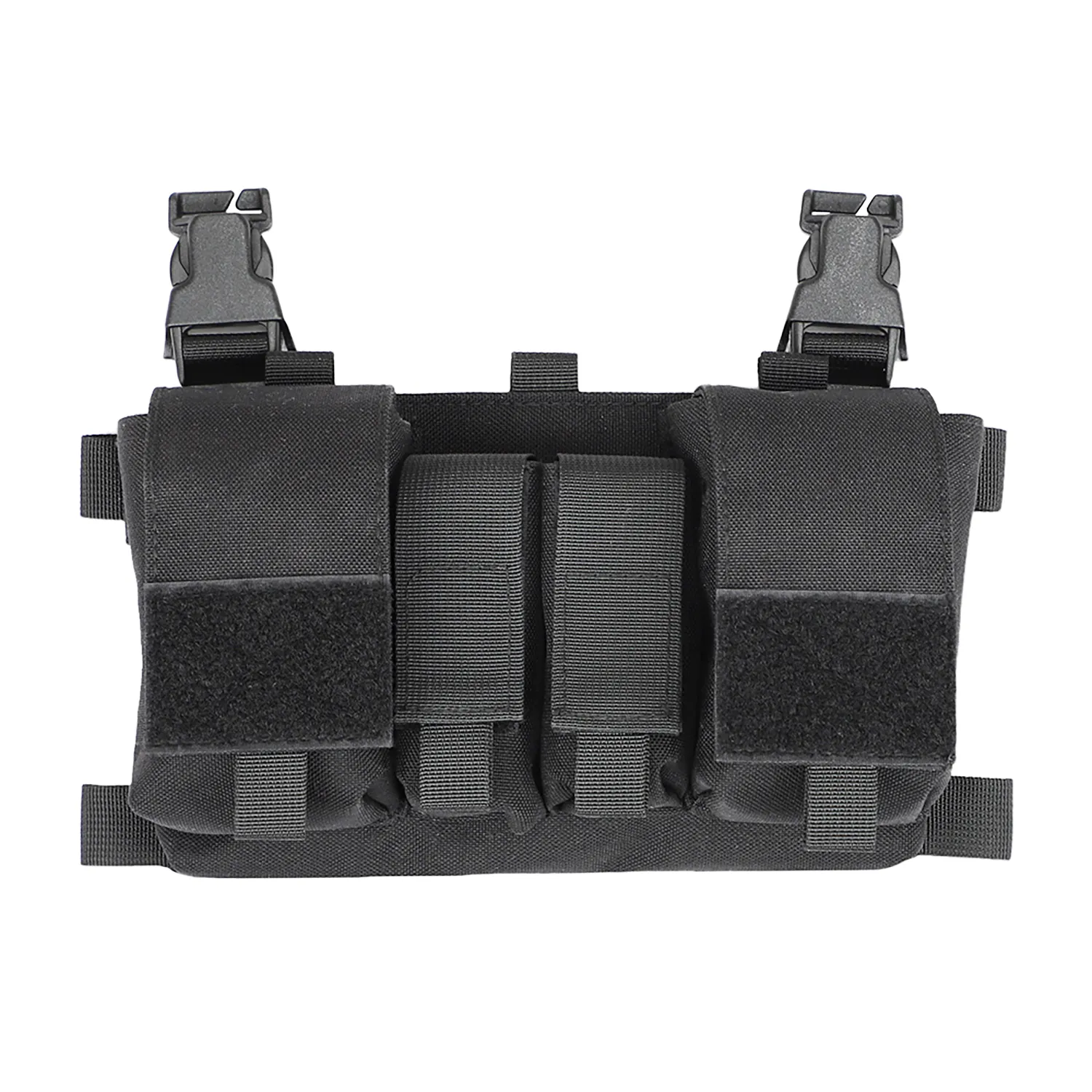 Black tactical vest accessory with front pouches and buckle attachment