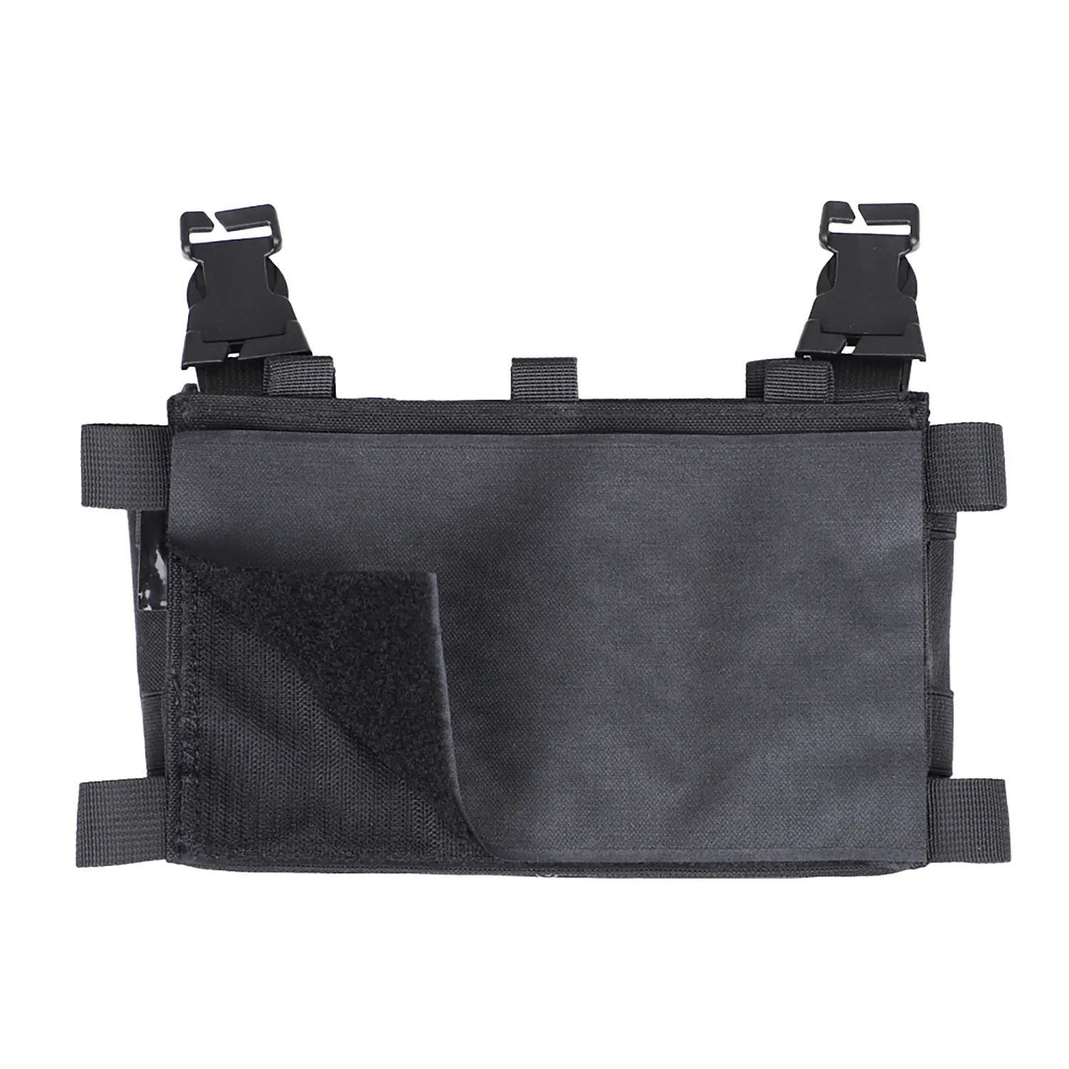 Rear view of black vest accessory with hook backing and side straps