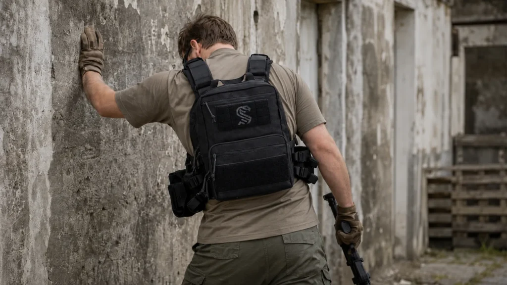 Rear view of tactical vest accessory pack worn during outdoor training