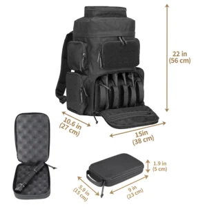 Pistol range backpack storage layout with side pockets, glasses case, magazine pocket, and lockable zipper