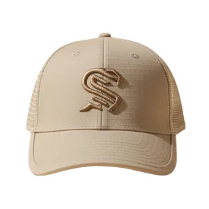 Khaki embroidered baseball cap with front logo and curved brim