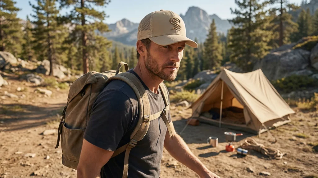 Man wearing khaki embroidered baseball cap at outdoor campsite