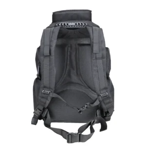 Back view of black range backpack with padded shoulder straps and breathable mesh panel