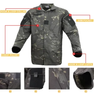 Camouflage uniform shirt with hook and loop collar, arm pocket, chest pocket, and adjustable cuffs