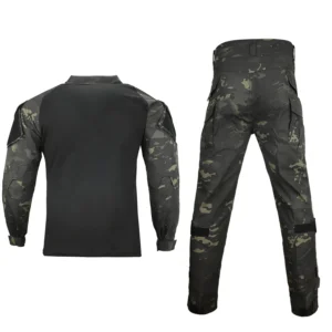 Tactical suit back view with black shirt panel and camouflage sleeves