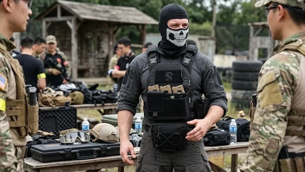 Black front placard on vest worn in outdoor training environment