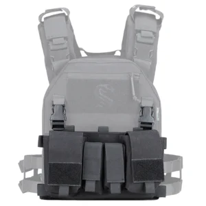 Tactical vest accessory mounted on black vest with organized front pouches