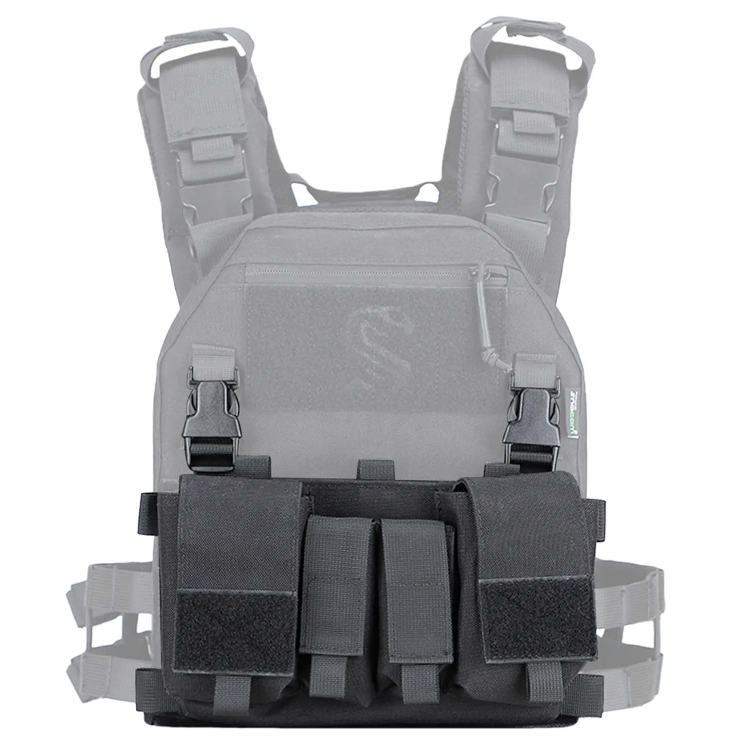 Tactical vest accessory mounted on black vest with organized front pouches