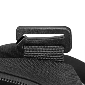 Close-up of black webbing clip on tactical hydration pack
