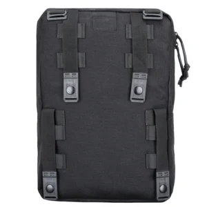 Rear view of tactical vest hydration pack with mounting straps and clips