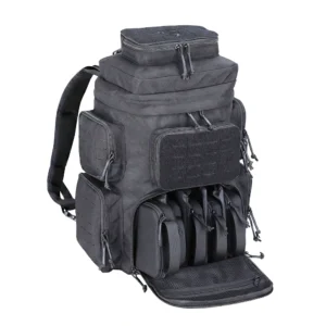 Pistol range backpack with open front compartment and five padded pistol cases
