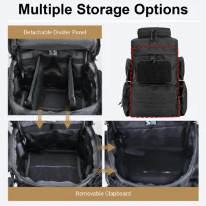 Pistol range backpack with detachable divider panel and removable clapboard storage