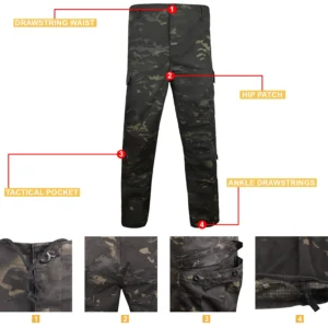 Camouflage uniform pants with drawstring waist, hip patch, tactical pocket, and ankle drawstrings