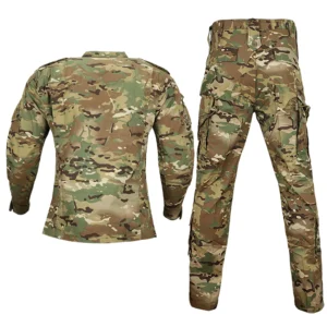 Camouflage jacket and pants back view with ripstop fabric texture