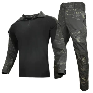 Tactical suit angled view with black combat shirt and camo pants