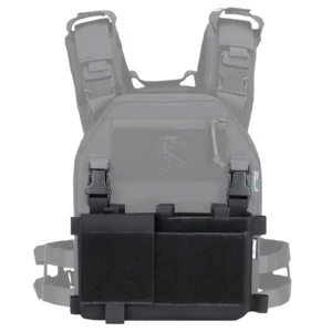 Front placard attached to tactical vest with low-profile black design