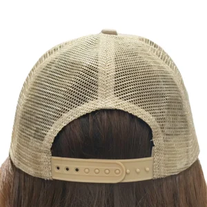 Khaki mesh cap worn from the back with adjustable strap