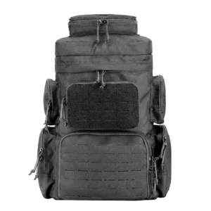 Black pistol range backpack with front MOLLE panel and multiple zippered pockets