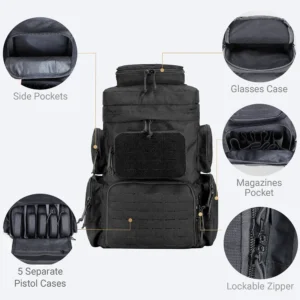 Pistol range backpack storage layout with side pockets, glasses case, magazine pocket, and lockable zipper