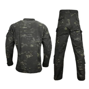 Back view of camouflage uniform shirt and pants with dark camo pattern
