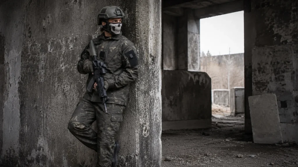 Camouflage uniform worn in tactical training environment with full-body coverage