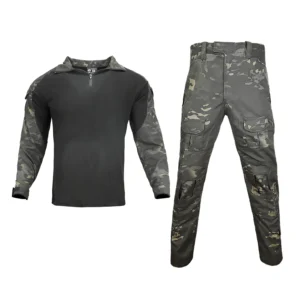 Tactical suit front view with black shirt and camouflage cargo pants