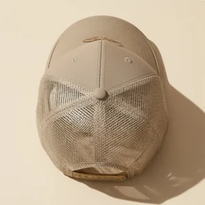 Rear mesh detail of khaki baseball cap with snap closure