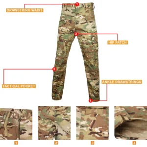 Camouflage tactical pants with drawstring waist and ankle adjustment details