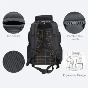 Ergonomic range backpack with top pocket, breathable mesh padding, and comfortable handle