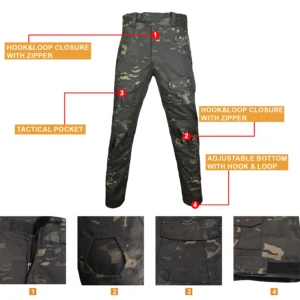 Camouflage tactical pants with zipper closure, cargo pockets, and adjustable cuffs