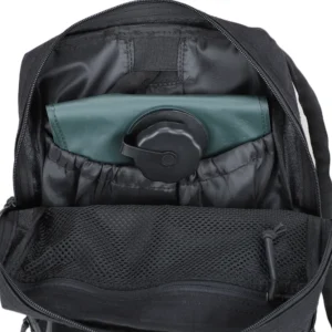 Open hydration compartment with water bladder inside black tactical pack