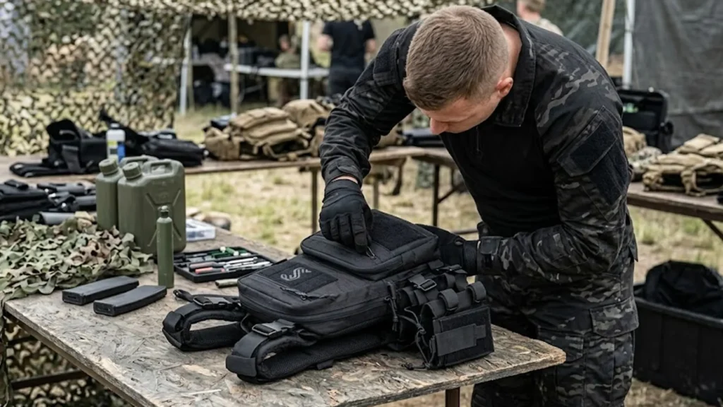 Tactical vest accessory pack placed on training table with gear setup