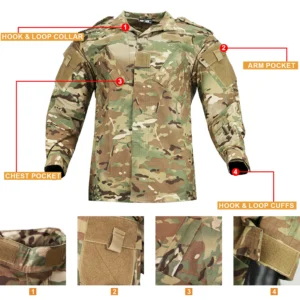 ACU uniform jacket with hook and loop collar, arm pocket, and cuff details