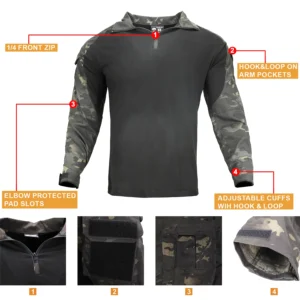 Black tactical shirt with quarter zip, arm pockets, elbow pad slots, and adjustable cuffs