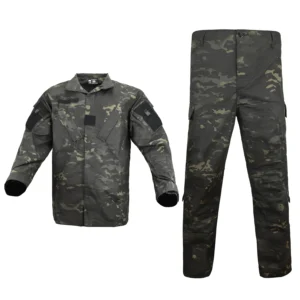 Dark camouflage uniform with shirt and pants displayed together