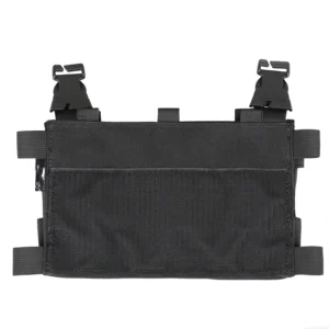 Back side of black front panel with wide hook-and-loop attachment surface