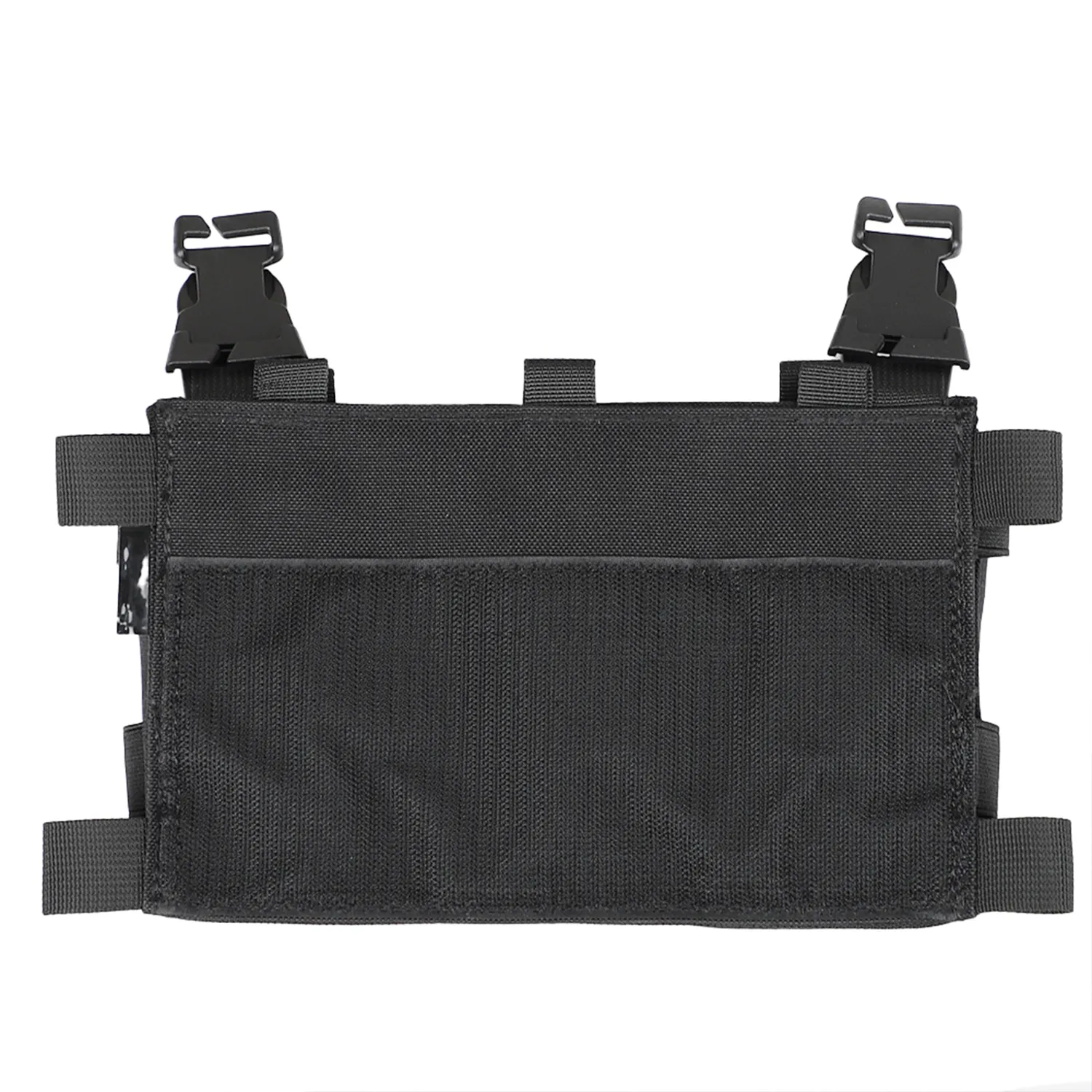 Back side of black front panel with wide hook-and-loop attachment surface