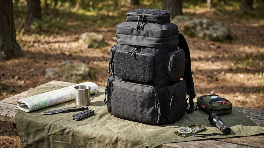 Black pistol range backpack on outdoor table with camping and shooting accessories
