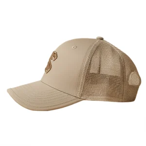 Side view of khaki embroidered baseball cap with mesh back