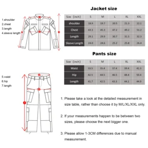 Camouflage uniform size chart with jacket and pants measurements from S to XXL
