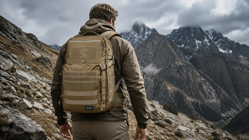 Khaki tactical backpack for hiking and outdoor travel on rugged alpine mountain terrain