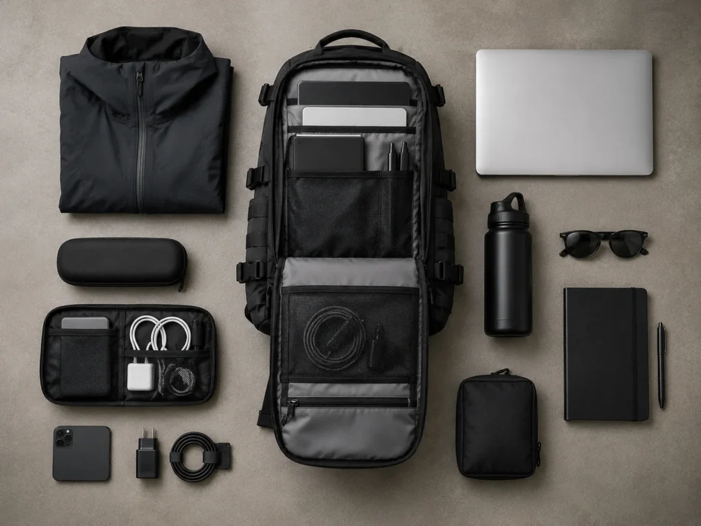 Tactical backpack flat lay with EDC gear, laptop, water bottle, notebook, and travel essentials
